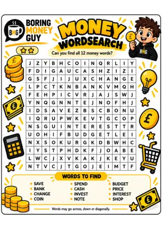 Illustrated black-and-amber BMG Money Wordsearch printable